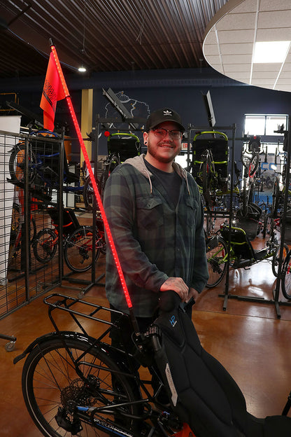 Glowwhips 4ft Bicycle Light Kit Red, mounted on HPV Trike