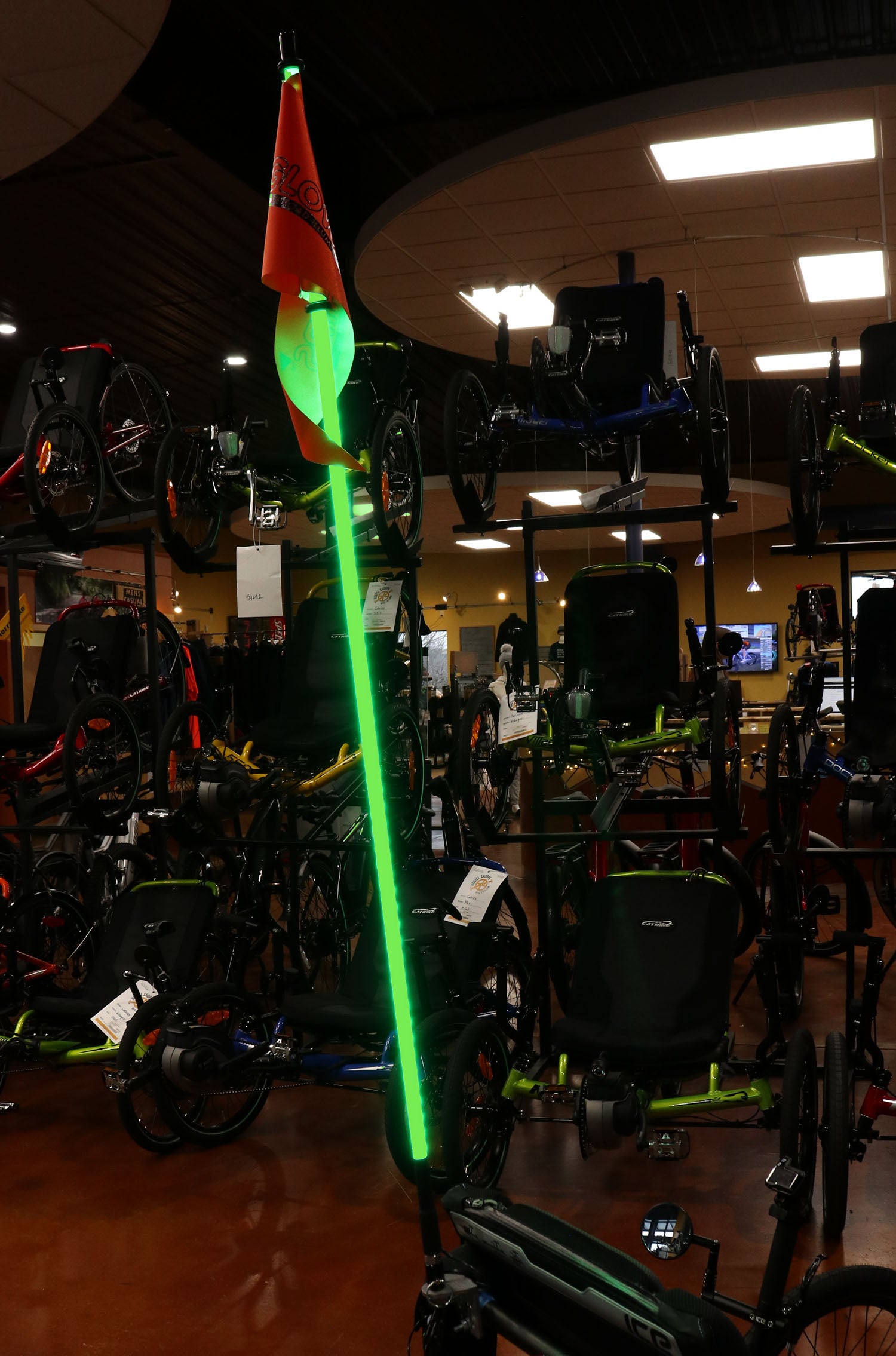 Glowwhips 4ft Bicycle Light Kit Green, mounted on ICE Trike