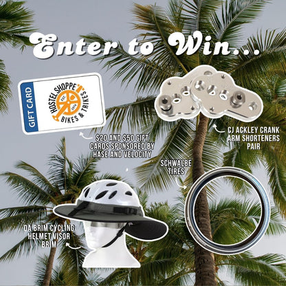 Promotional graphic for a cycling giveaway with palm tree background and text reading 'Enter to Win.'