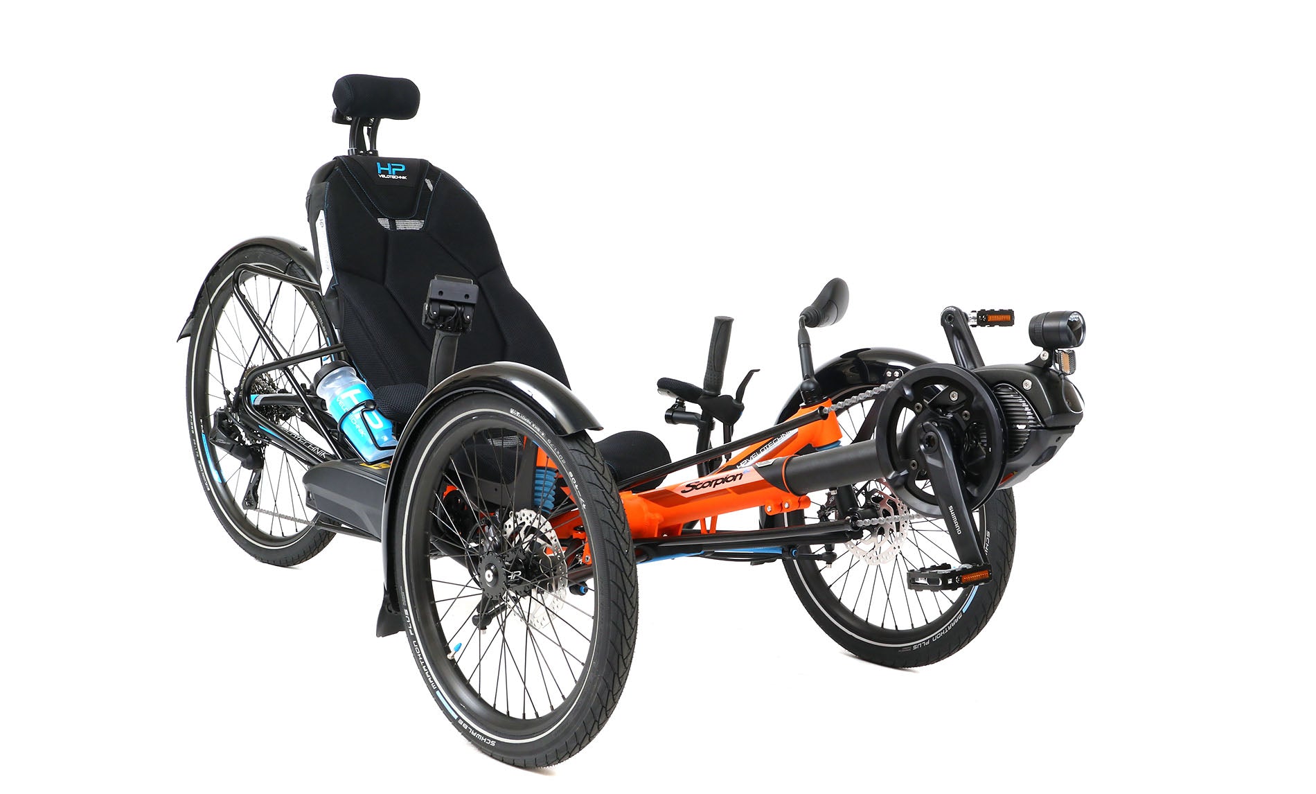 Front angled view of the HP Velotechnik Scorpion fs 26 Pedelec STEPS EP801 Cargo Di2 Orange Recumbent Trike against a white background.