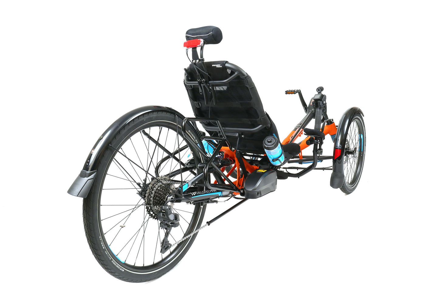Rear angled view of the HP Velotechnik Scorpion fs 26 Pedelec STEPS EP801 Cargo Di2 Orange Recumbent Trike against a white background.