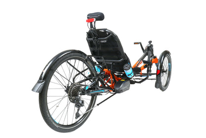 Rear angled view of the HP Velotechnik Scorpion fs 26 Pedelec STEPS EP801 Cargo Di2 Orange Recumbent Trike against a white background.