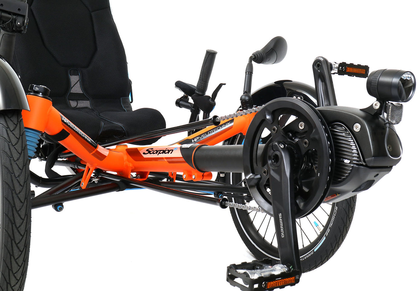 Closeup front view of the HP Velotechnik Scorpion fs 26 Pedelec STEPS EP801 Cargo Di2 Orange Recumbent Trike against a white background.