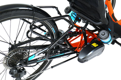 Closeup rear view of the Scorpion fs 26 Pedelec STEPS EP801 Cargo Di2 Orange Recumbent Trike against a white background.