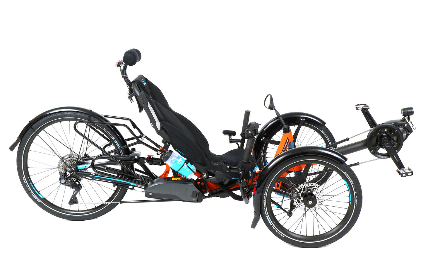 Side view of the HP Velotechnik Scorpion fs 26 Pedelec STEPS EP801 Cargo Di2 Orange Recumbent Trike against a white background.