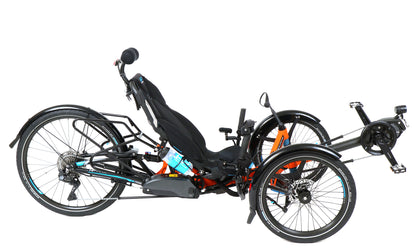 Side view of the HP Velotechnik Scorpion fs 26 Pedelec STEPS EP801 Cargo Di2 Orange Recumbent Trike against a white background.