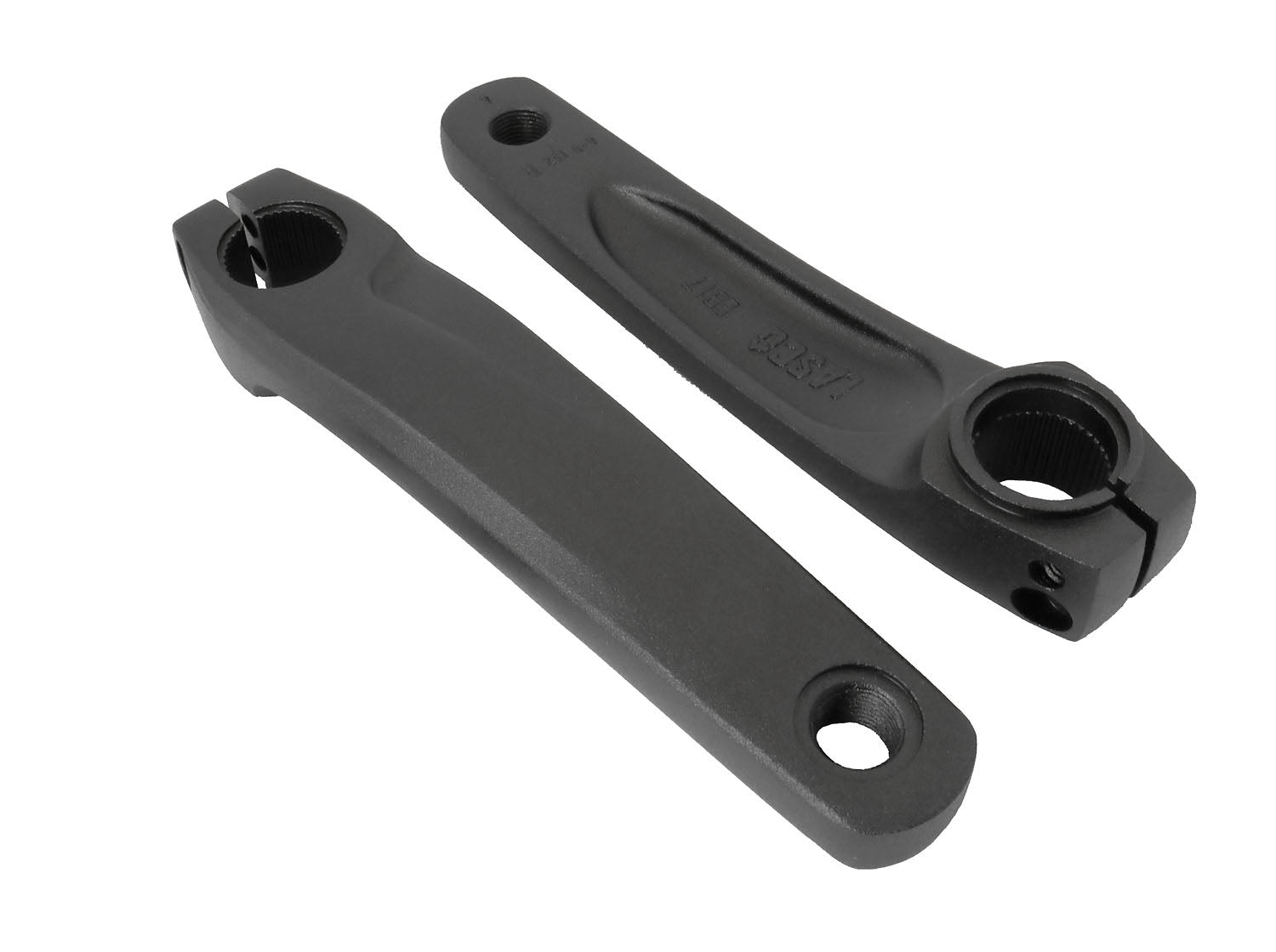 Angled view of Hase Lasco Short Cranks 152mm Pair for Kettwiesel Evo 6100 Shimano Steps.  One crank is right side up and the other is upside down.