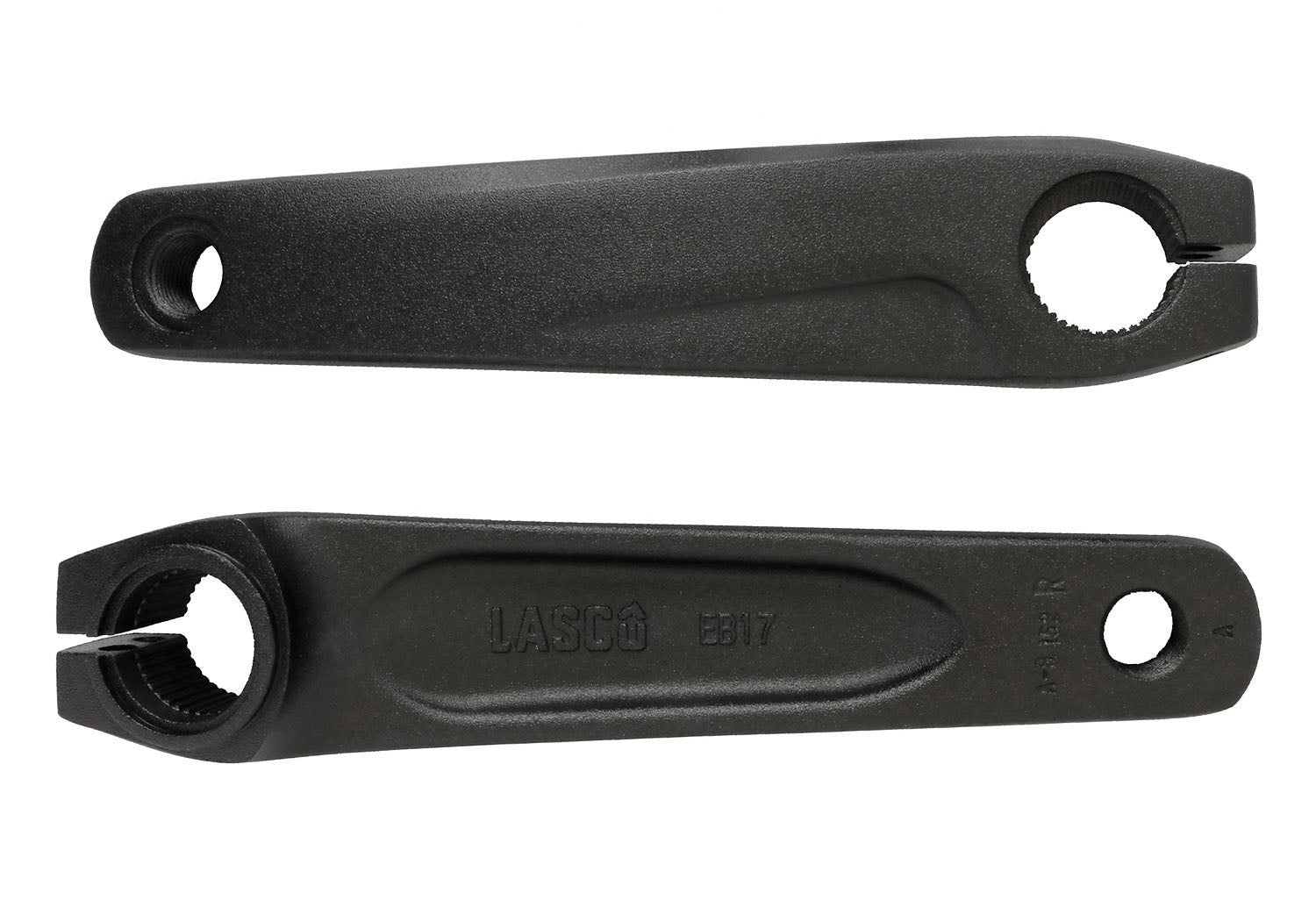 Top view of Hase Lasco Short Cranks 152mm Pair for Kettwiesel Evo 6100 Shimano Steps.  One crank is right side up and the other is upside down.