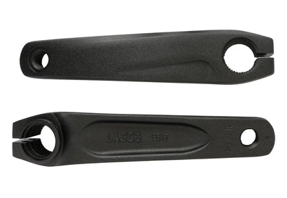 Top view of Hase Lasco Short Cranks 152mm Pair for Kettwiesel Evo 6100 Shimano Steps.  One crank is right side up and the other is upside down.