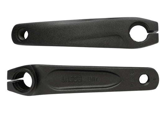 Top view of Hase Lasco Short Cranks 152mm Pair for Kettwiesel Evo 6100 Shimano Steps.  One crank is right side up and the other is upside down.