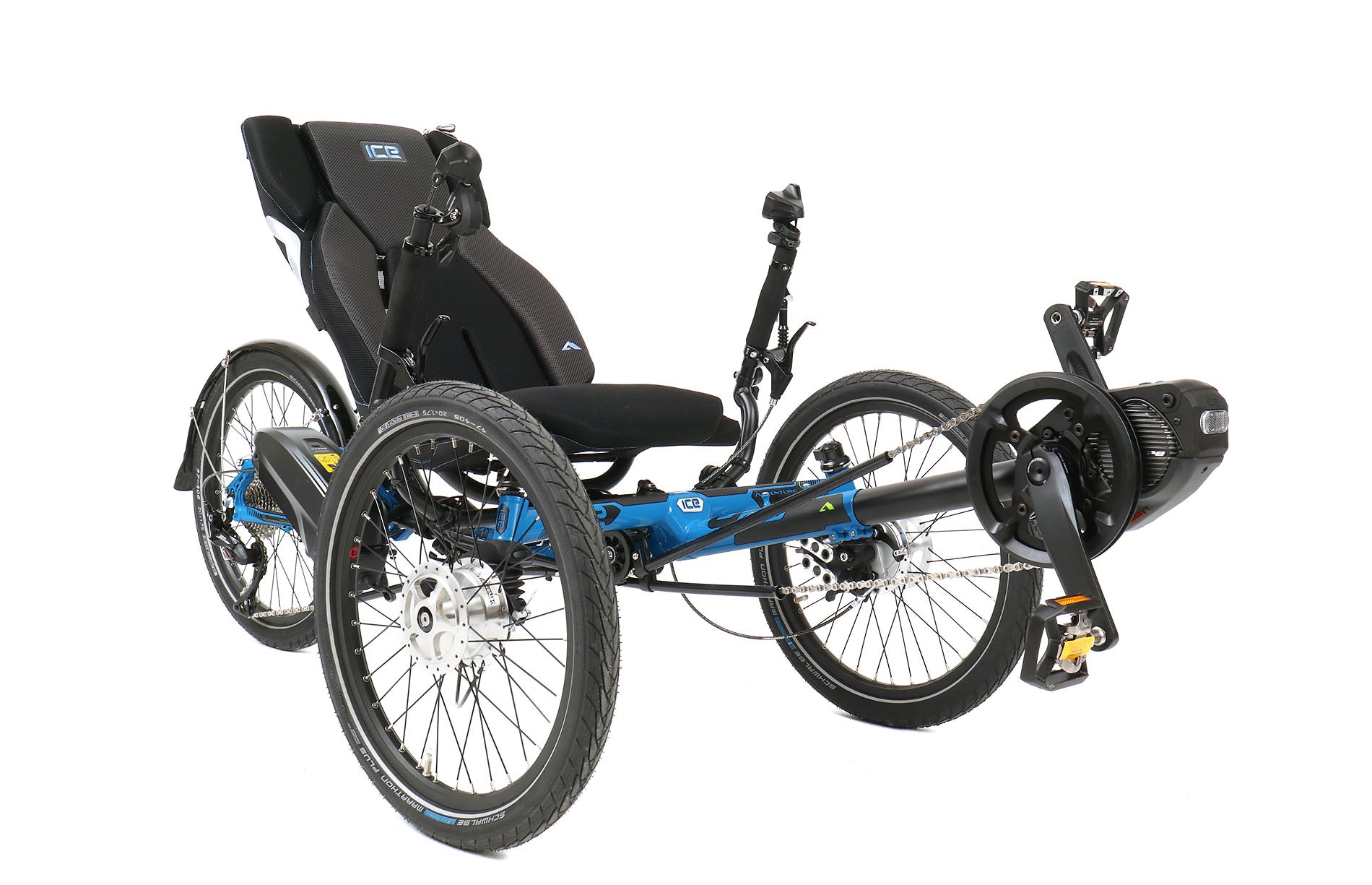 ICE Adventure 20 FS STEPS EP801 Compact Blue Recumbent Trike, studio front quarter view