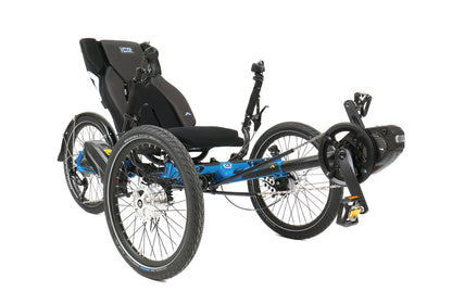 ICE Adventure 20 FS STEPS EP801 Compact Blue Recumbent Trike, studio front quarter view