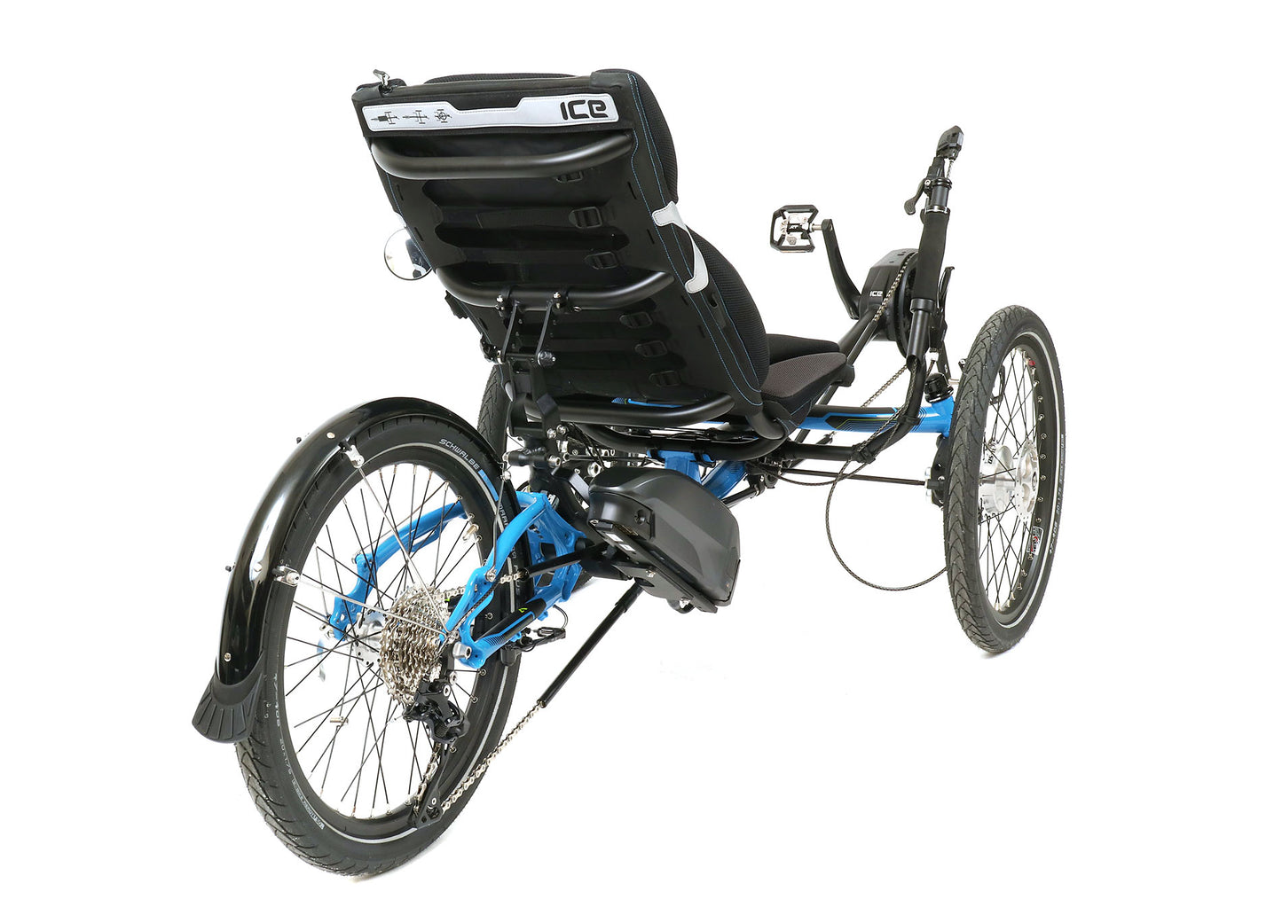 ICE Adventure 20 FS STEPS EP801 Compact Blue Recumbent Trike, studio rear quarter view