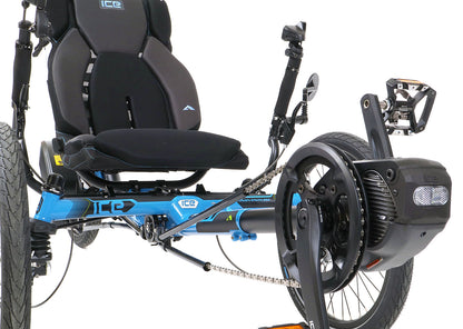 ICE Adventure 20 FS STEPS EP801 Compact Blue Recumbent Trike, studio front detail view