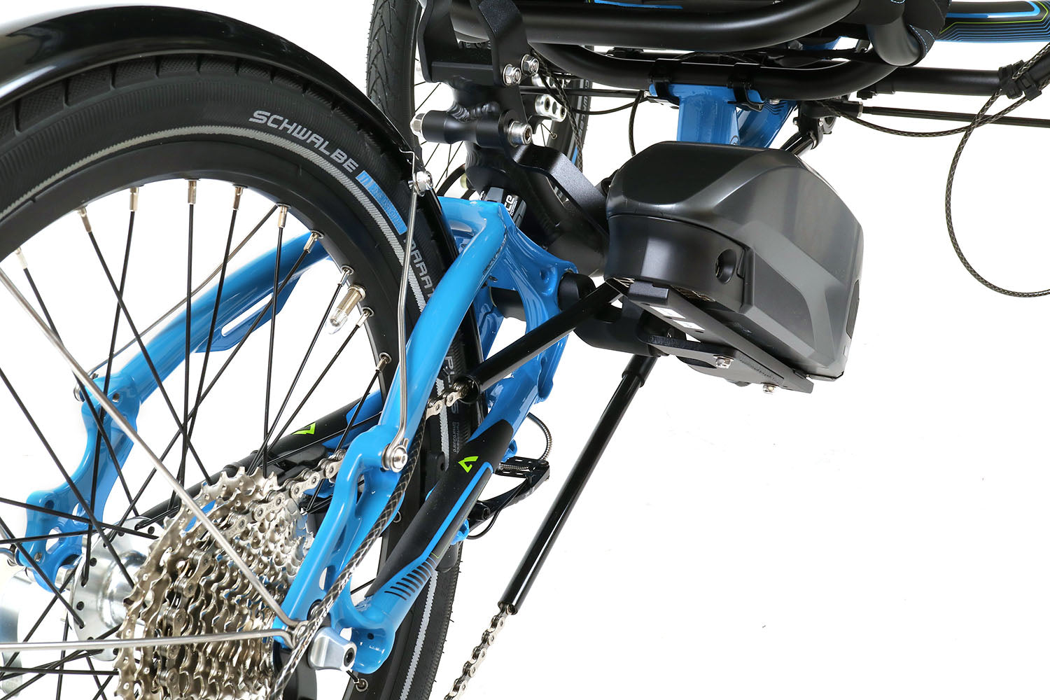 ICE Adventure 20 FS STEPS EP801 Compact Blue Recumbent Trike, studio rear detail view