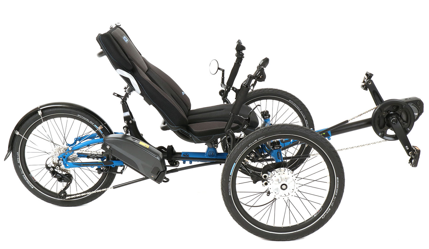 ICE Adventure 20 FS STEPS EP801 Compact Blue Recumbent Trike, studio side view