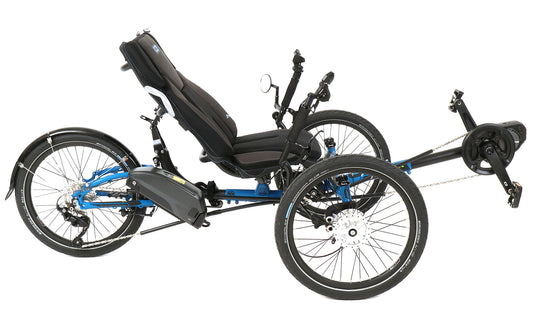 ICE Adventure 20 FS STEPS EP801 Compact Blue Recumbent Trike, studio side view