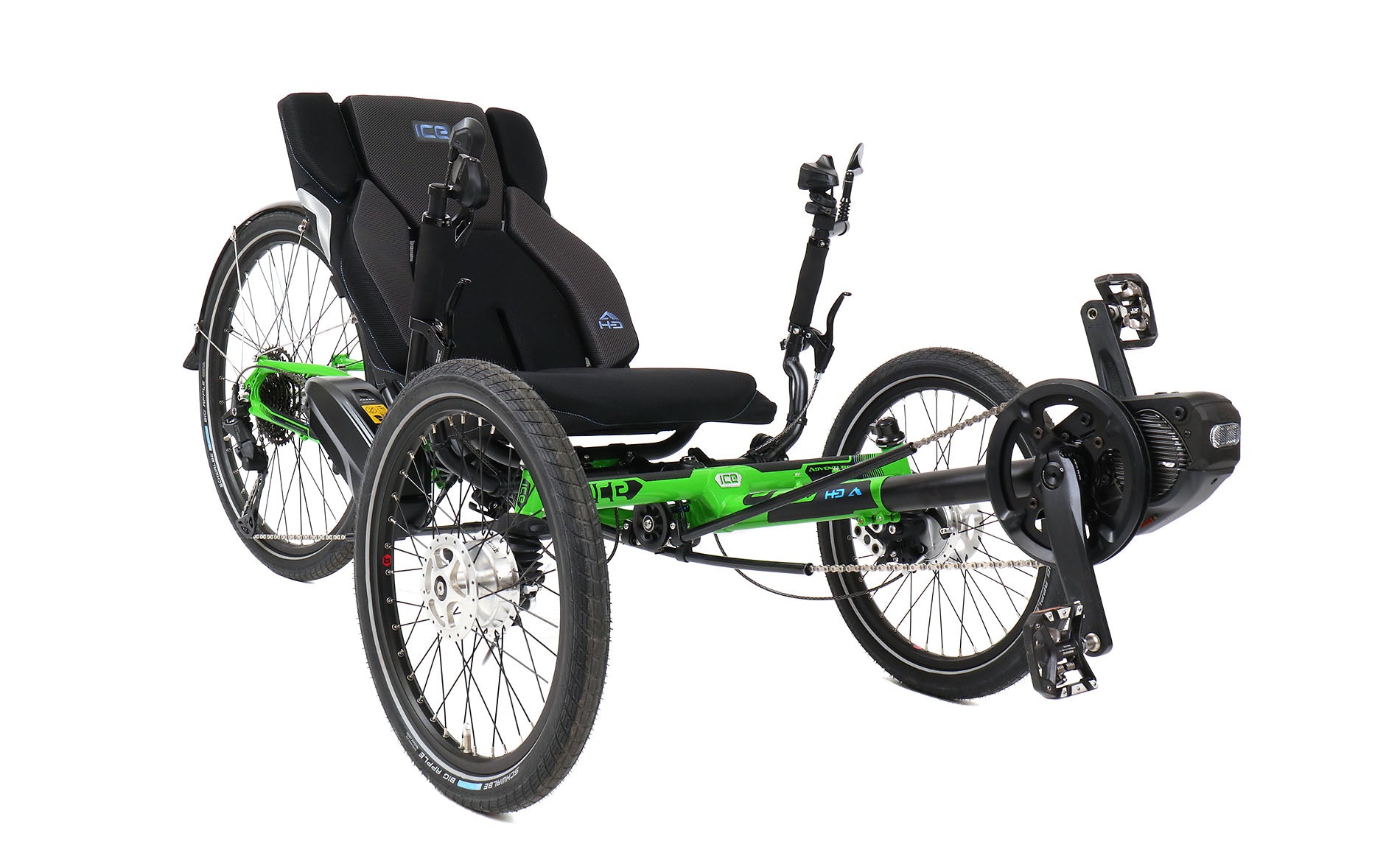 Angled side view of the ICE Adventure HD 26 FS STEPS EP801 11 Speed Kiwi Green Recumbent Trike against a white background.