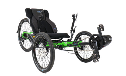 Angled side view of the ICE Adventure HD 26 FS STEPS EP801 11 Speed Kiwi Green Recumbent Trike against a white background.