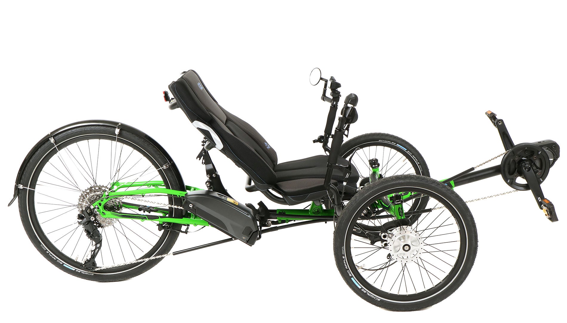 Side view of the ICE Adventure HD 26 FS STEPS EP801 11 Speed Kiwi Green Recumbent Trike against a white background.
