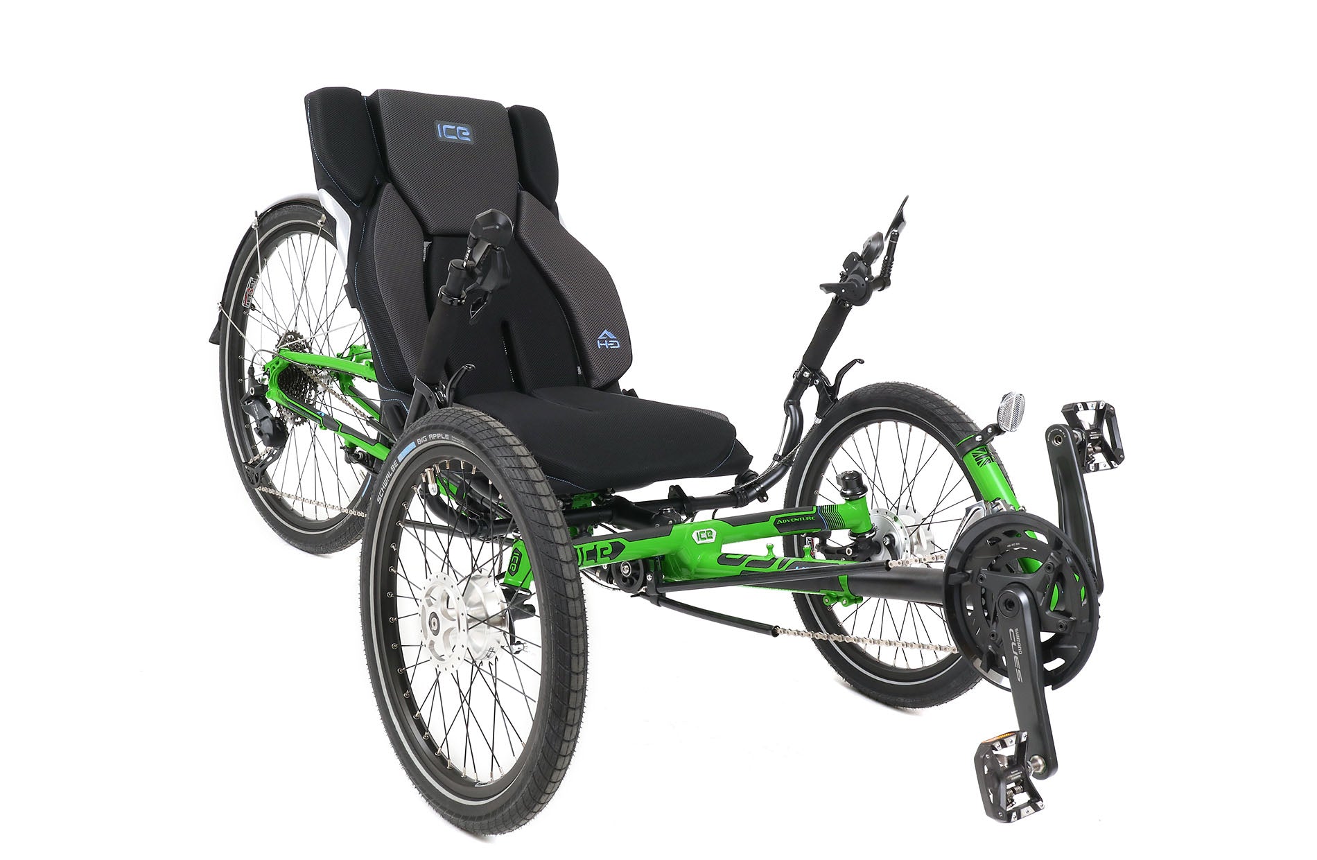 ICE Adventure HD 26 Kiwi Green Recumbent Trike, studio front quarter view