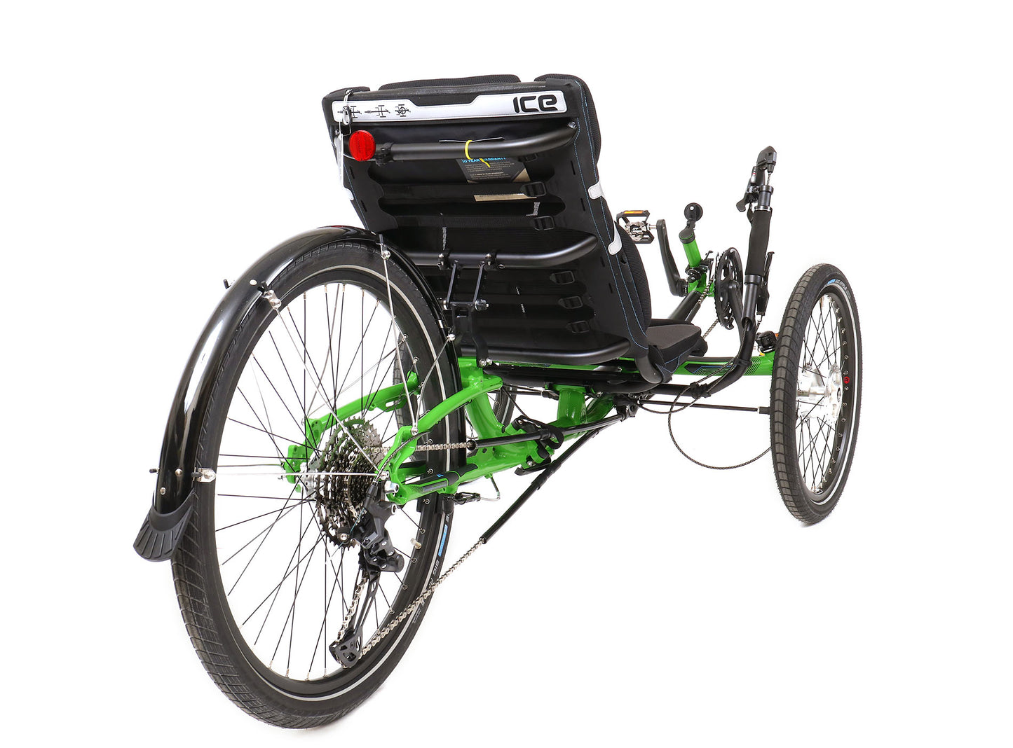 ICE Adventure HD 26 Kiwi Green Recumbent Trike, studio rear quarter view