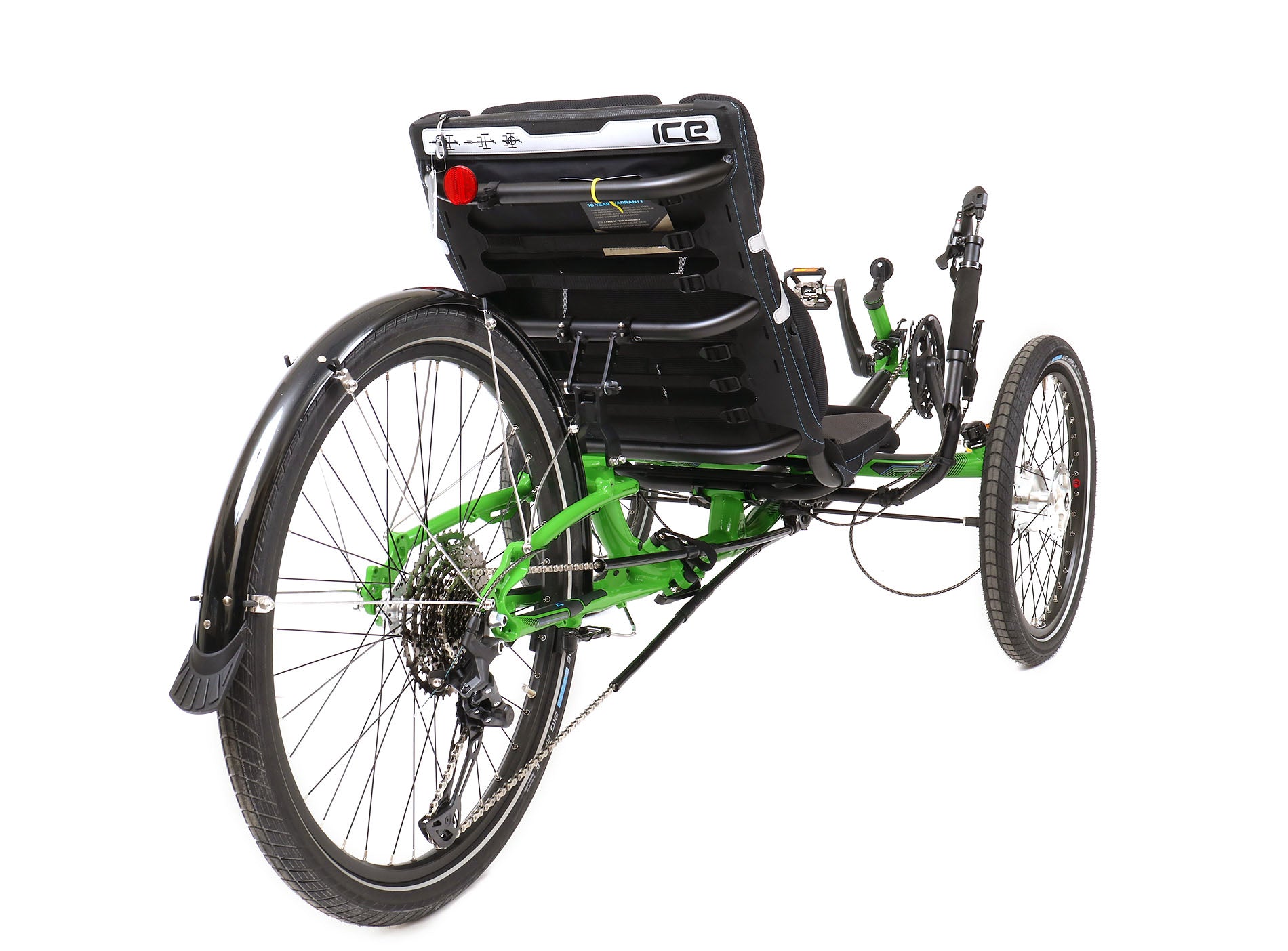 ICE Adventure HD 26 Kiwi Green Recumbent Trike, studio rear quarter view