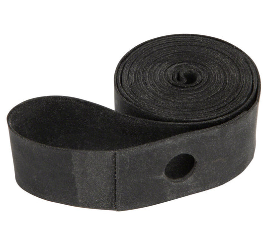 Studio image of a black rubber rim strip rolled up with the hole for the valve stem of a tube exposed. 
