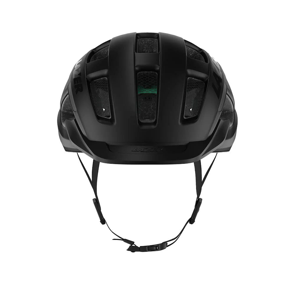 Studio front view of a matte black helmet with three rows of ventilation across the top and black chin straps. 