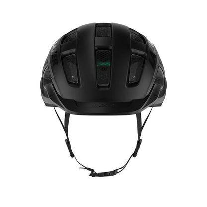 Studio front view of a matte black helmet with three rows of ventilation across the top and black chin straps. 