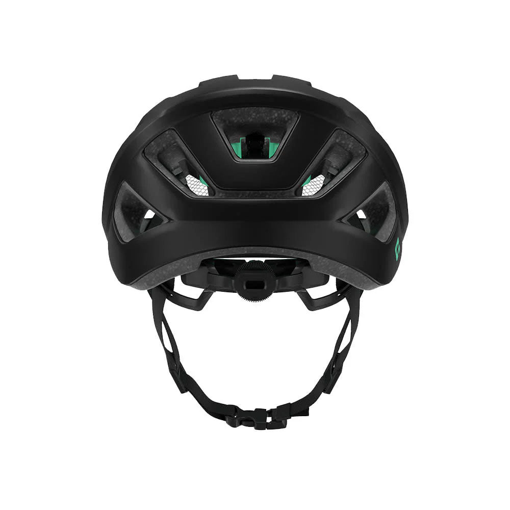 Studio rear view of a black bicycle helmet with black chin straps and size adjustment dial and four ventilation channels along the back. 