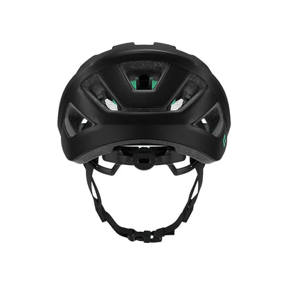 Studio rear view of a black bicycle helmet with black chin straps and size adjustment dial and four ventilation channels along the back. 