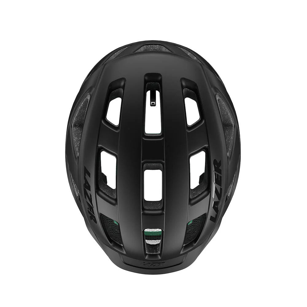 Studio top view of a black bicycle helmet with three rows of ventilation channels across the top.