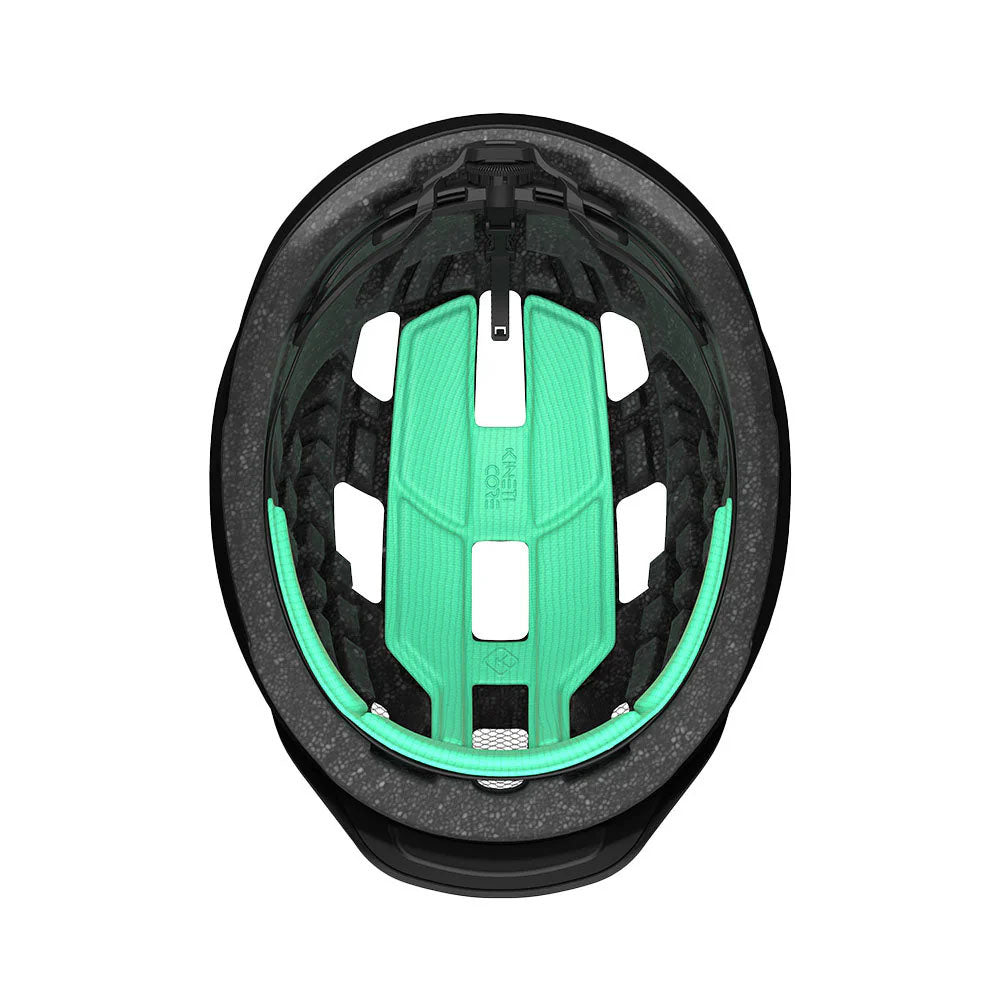 Studio inside view of a bicycle helmet with black foam and mint green padded inserts. 