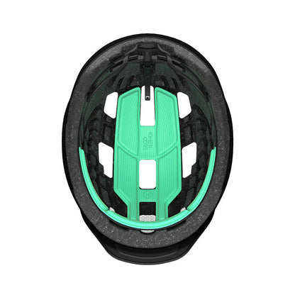 Studio inside view of a bicycle helmet with black foam and mint green padded inserts. 