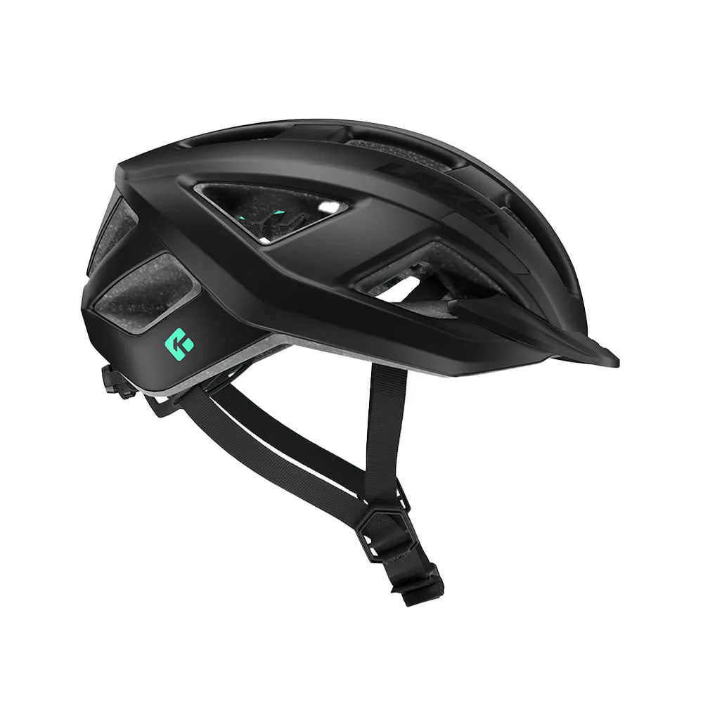 Studio side view of a matte black bicycle helmet with a mint green diamond logo behind the ear area and black chin straps. 