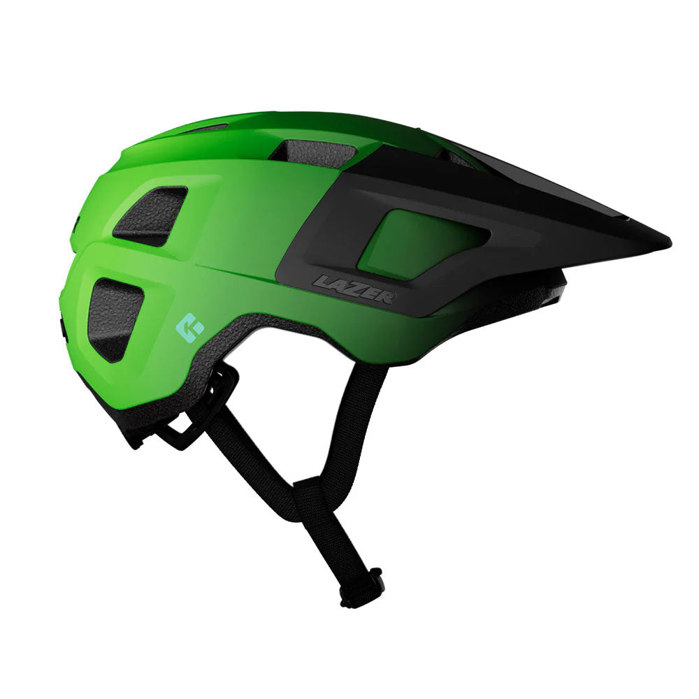 Side view of the Lazer Finch Kineticore Youth Bike Helmet in Matte Black Acid Green with an adjustable strap against a white background.