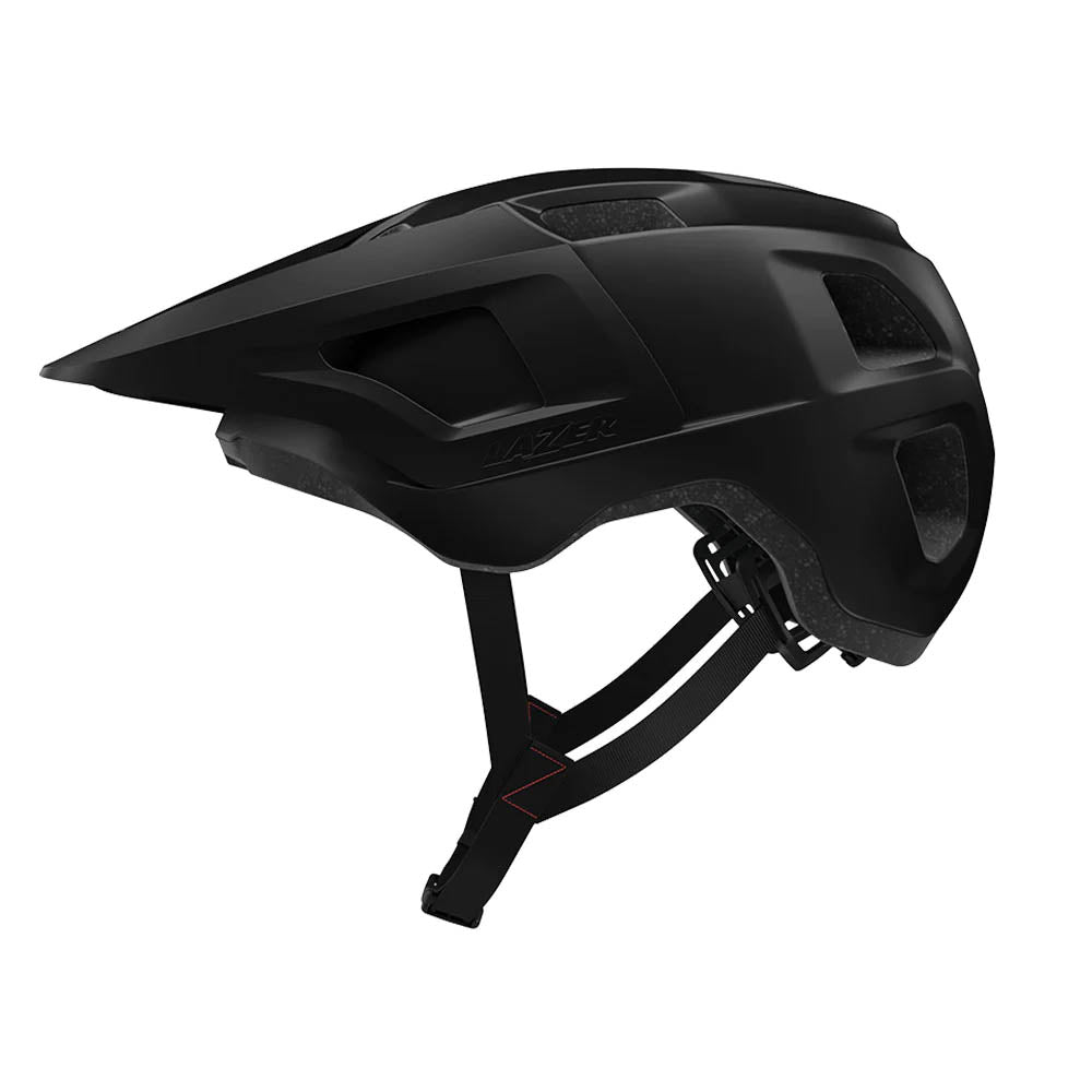 Angled side view of the Lazer Finch Kineticore Youth Bike Helmet in Matte Black with an adjustable strap against a white background.