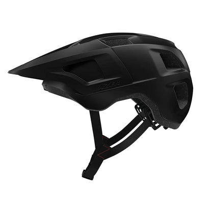 Angled side view of the Lazer Finch Kineticore Youth Bike Helmet in Matte Black with an adjustable strap against a white background.