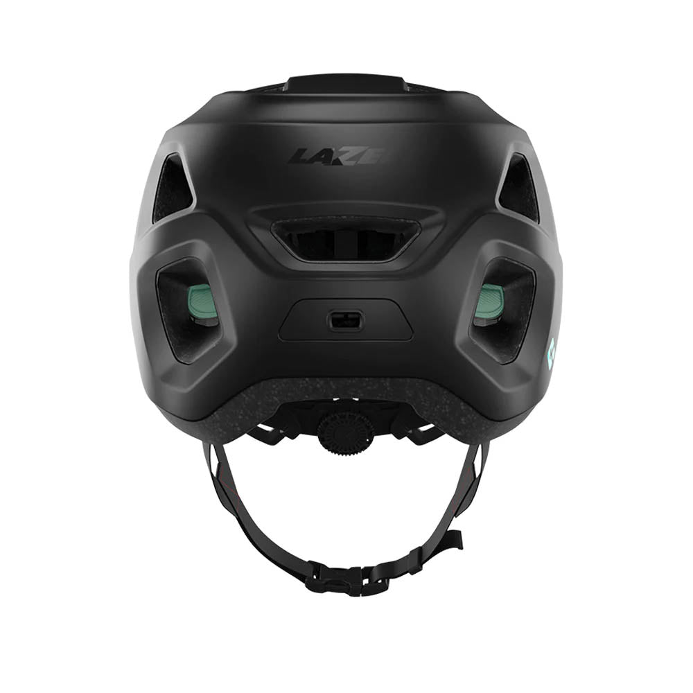Rear view of the Lazer Finch Kineticore Youth Bike Helmet in Matte Black with an adjustable strap against a white background.