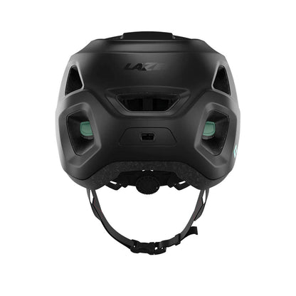 Rear view of the Lazer Finch Kineticore Youth Bike Helmet in Matte Black with an adjustable strap against a white background.