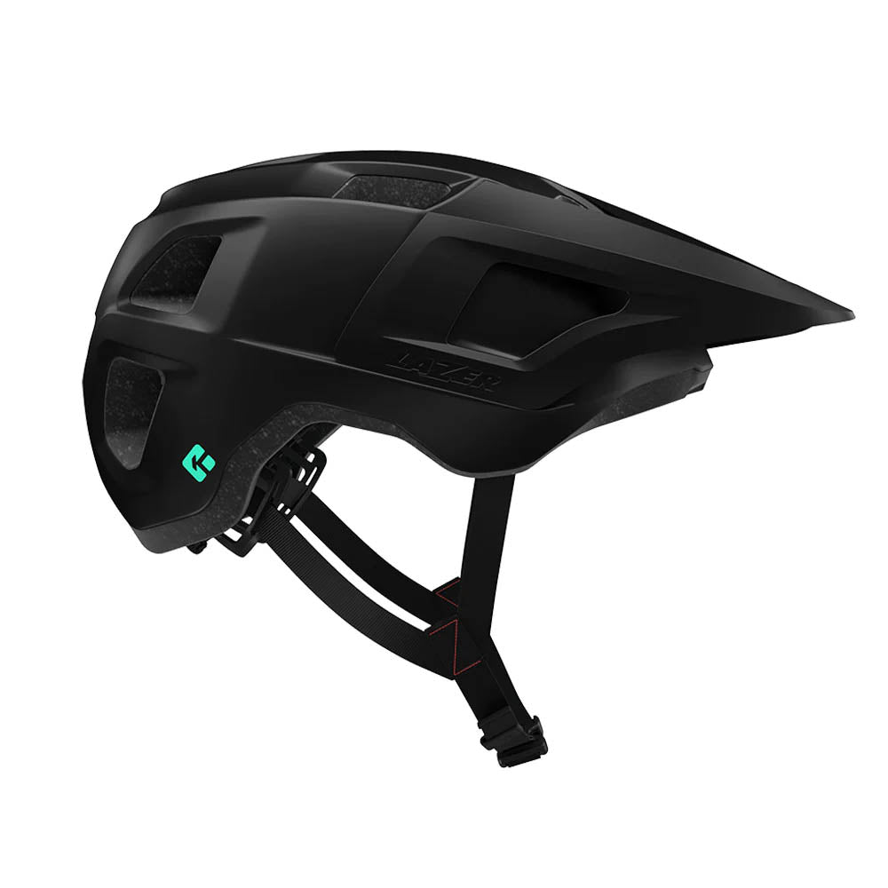 Side view of the Lazer Finch Kineticore Youth Bike Helmet in Matte Black with an adjustable strap against a white background.