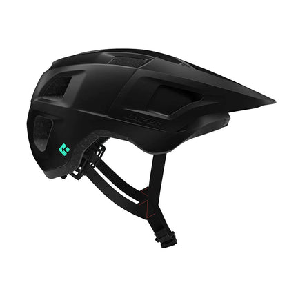 Side view of the Lazer Finch Kineticore Youth Bike Helmet in Matte Black with an adjustable strap against a white background.