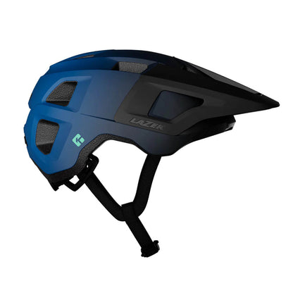 Side view of the Lazer Finch Kineticore Youth Bike Helmet in Matte Blue Black with an adjustable strap against a white background.