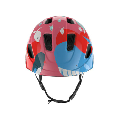 Studio front view of a red bicycle helmet with white and mint fish, a blue whale and a penguin scattered across it. 