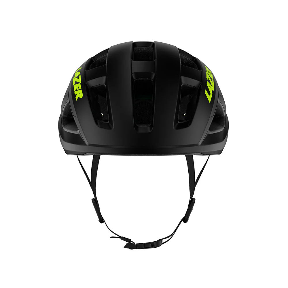Studio front view of a black bicycle helmet with neon yellow Lazer decal on both sides of it and black chin straps. 