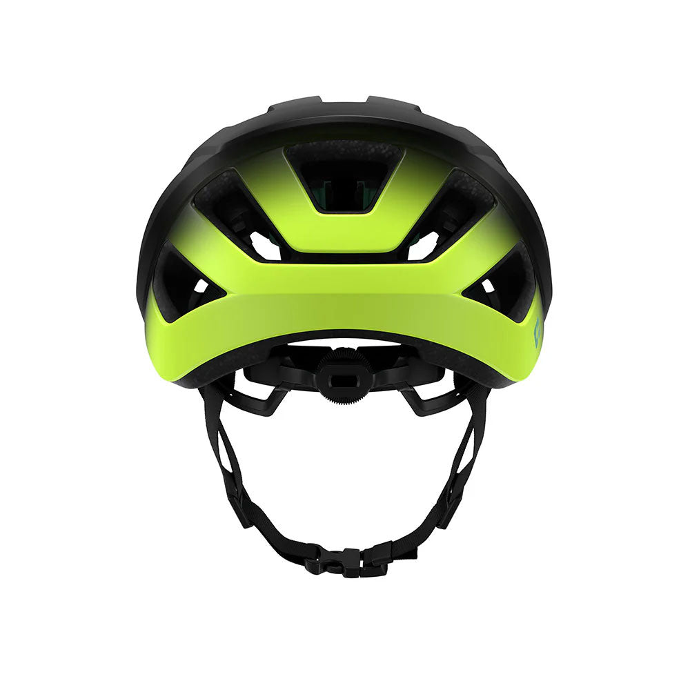 Studio rear view of a black bicycle helmet that fades to neon yellow at the back and black chin strap and size adjustment dial. 