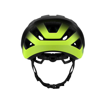 Studio rear view of a black bicycle helmet that fades to neon yellow at the back and black chin strap and size adjustment dial. 