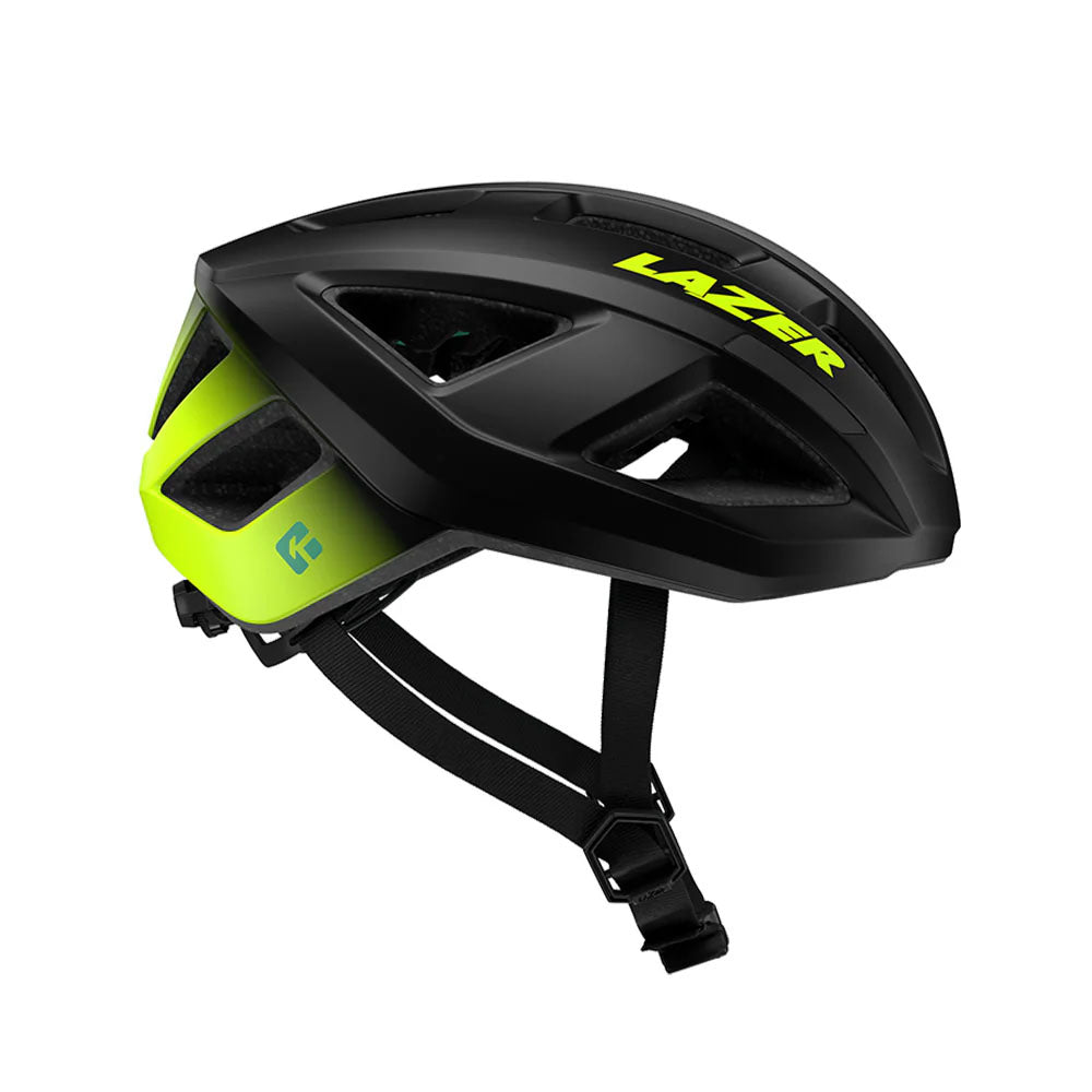 Studio side view of a black bicycle helmet that fades to neon yellow at the back, with neon yellow Lazer decal across the top side of the helmet. 