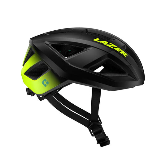 Studio side view of a black bicycle helmet that fades to neon yellow at the back, with neon yellow Lazer decal across the top side of the helmet. 